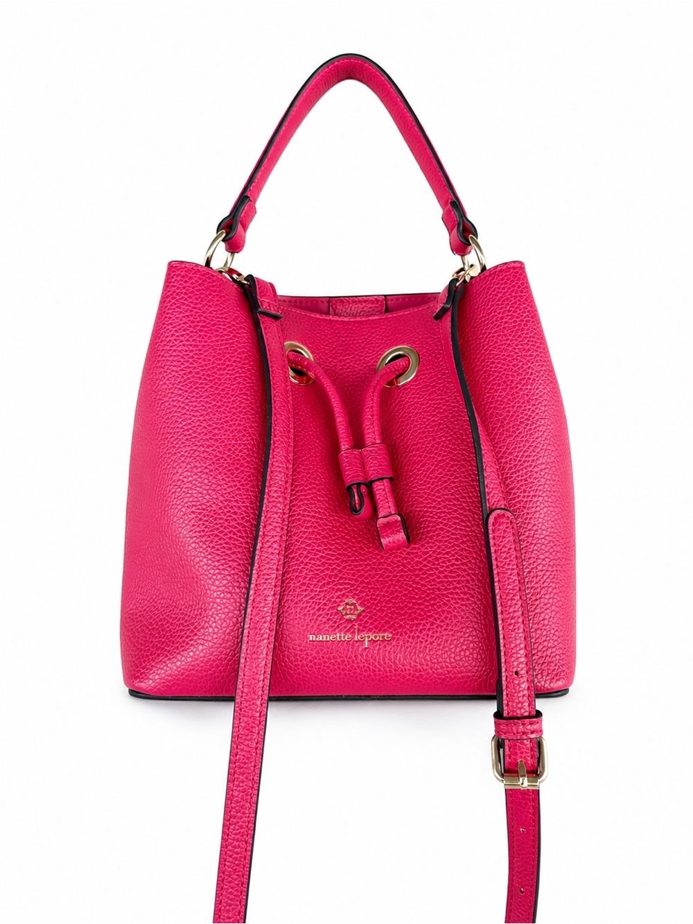 Nanette Lepore Hot Pink Pebbled Leather Drawstring Bucket Crossbody